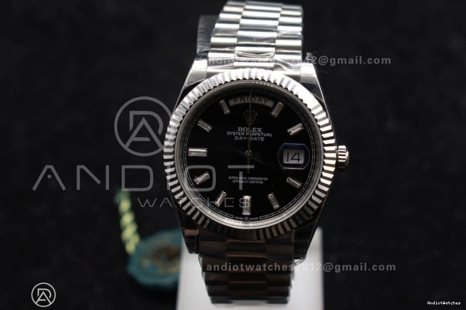 A 718 Weight 40 Dial SS GSF Gain on Black Bracelet Bright Crystal President DayDate 0123